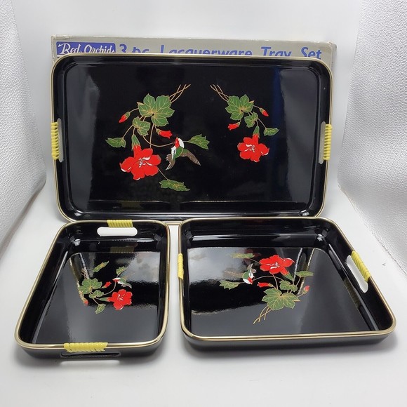 Vintage Red Orchid Lacquerware Nesting Tray Set Hibiscus And Hummingbird Motif - Picture 10 of 12
